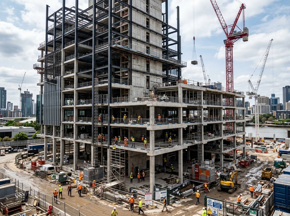 Commercial building under construction using ready mix concrete